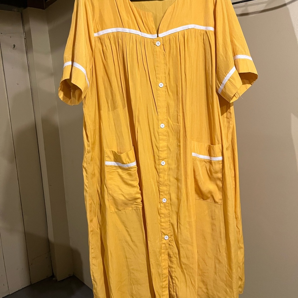 Yellow Button-Up House Dress with White Accents